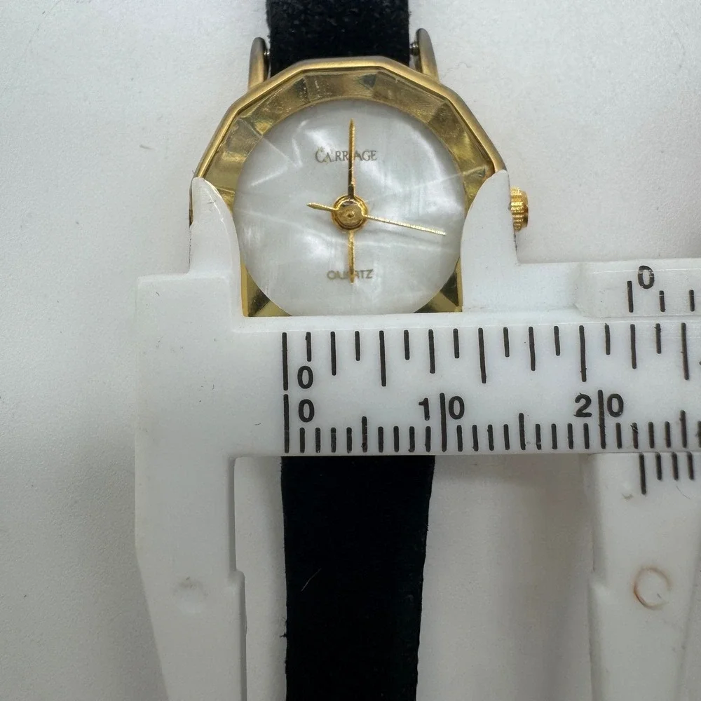 Carriage by Timex Womens Watch Gold Tone Decagon Mother‎ of Pearl Black Leather